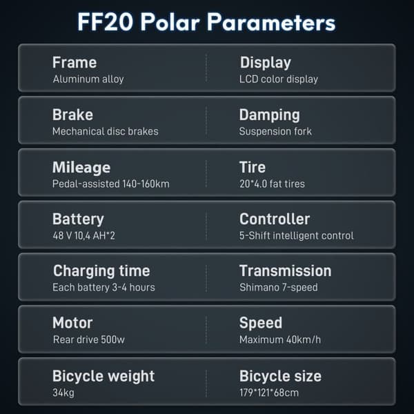 Fafrees FF20 Polar hopfällbar elcykel för vuxna, 500W(Uthållig) 860W(Peak) Motor, 20,8Ah batterier, 20" * 4,0" däck, SHIMANO 7 Speed.