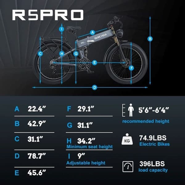 BURCHDA R5 PRO voksen elcykel, 1000W motor, 17,5AH batteri, 26*4 tommer dæk, 8-gears foldbar elektrisk mountainbike