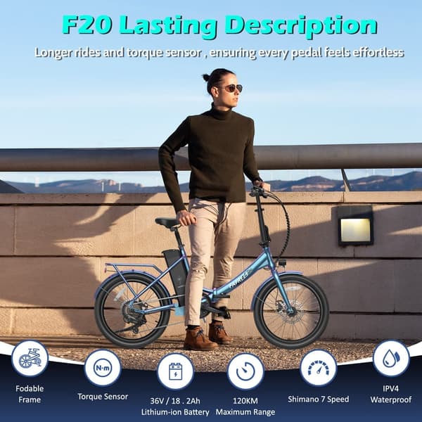 Fafrees F20 Lasting elcykel för vuxna, 250W motor, 18,2Ah batteri, 20"*1,95" däck, SHIMANO 7 speed, lämplig för ryttare höjd: 155-195CM.