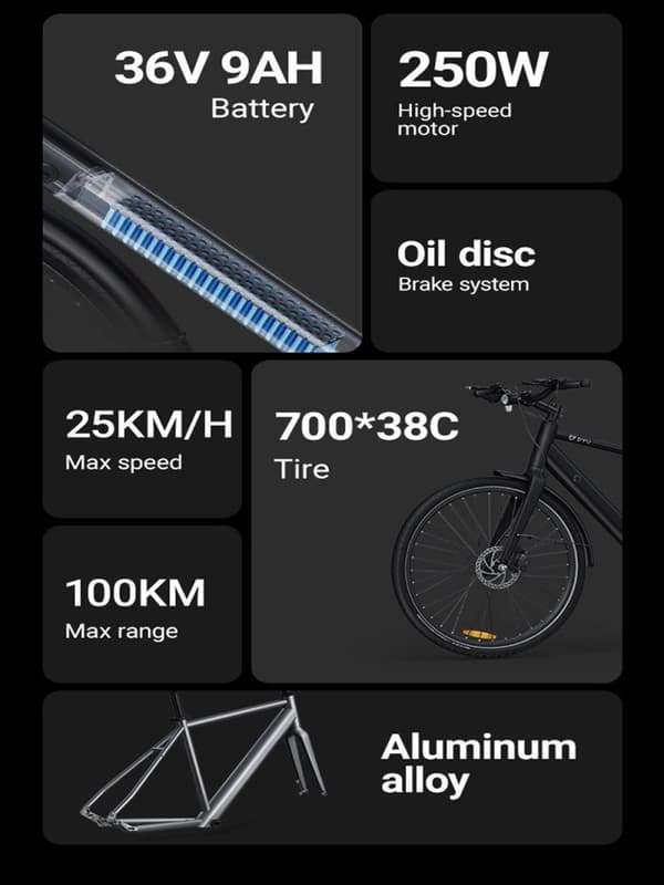 DYU Stroll 1 City Elcykel, 250W, 9AH, 25 km/h, 700*38C däck, Shimano 7-växlad, ingen gaspedal