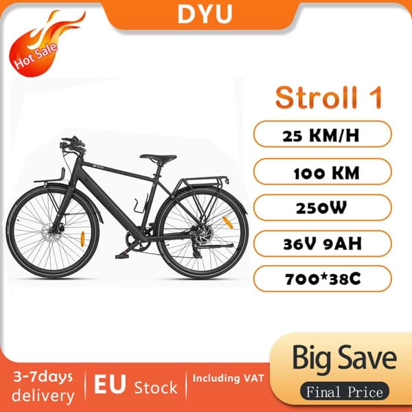 DYU Stroll 1 City Elcykel, 250W, 9AH, 25 km/h, 700*38C däck, Shimano 7-växlad, ingen gaspedal
