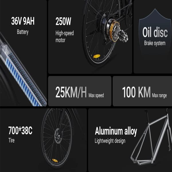 DYU Stroll 1 City Elcykel, 250W, 9AH, 25 km/h, 700*38C däck, Shimano 7-växlad, ingen gaspedal