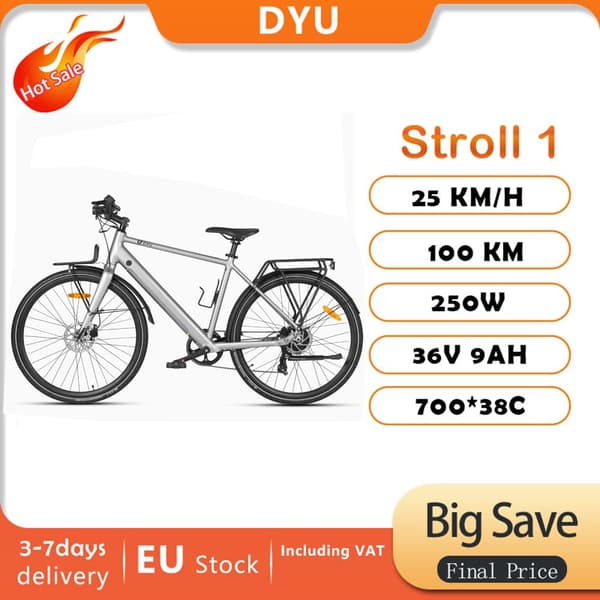 DYU Stroll 1 City Elcykel, 250W, 9AH, 25 km/h, 700*38C däck, Shimano 7-växlad, ingen gaspedal