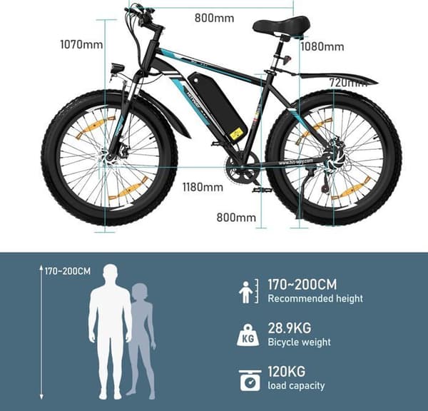 HITWAY elcykel VAE, elektrisk mountainbike, 26" x 4.0 City E-Bike, löstagbart 48V15AH litiumbatteri, Shimano 7 Speed