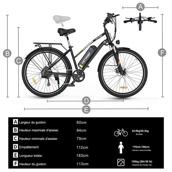 VAE elcykel - HITWAY - Svart - 28" - Avtagbart batteri 250W 36V 12Ah - Shimano 7 hastigheter - Elektrisk mountainbike