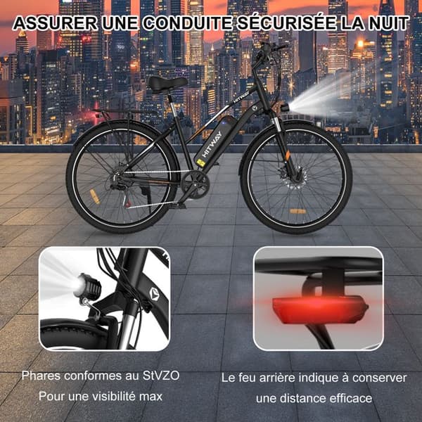 VAE elcykel - HITWAY - Svart - 28" - Avtagbart batteri 250W 36V 12Ah - Shimano 7 hastigheter - Elektrisk mountainbike