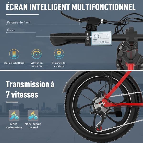 HITWAY Elcykel 20" MTB - Batteri 36V - 13Ah - Motor 250W - 7 Växlar - Röd