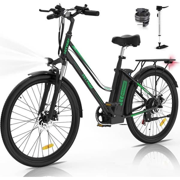 HITWAY 26" elcykel - 7 hastigheter - Avtagbart 36V 12AH 250W batteri - E-Bike Svart