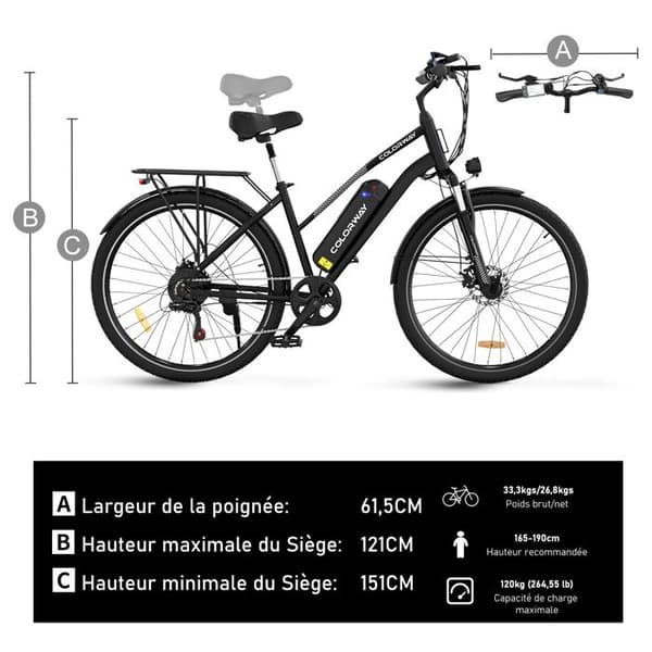 COLORWAY Elcykel 28" VAE - E-BIKE MTB Avtagbart batteri 36V 15Ah - 250W motor - Shimano 7 Speeds - Svart