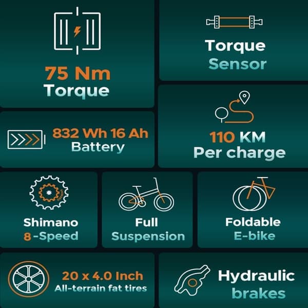 ENGWE Engine PRO 2.0 aikuisten kokoontaittuva sähköpyörä, 75 Nm:n moottori, vääntömomentin tunnistin, 52V 16Ah Li-ion akku, Shimano Altus 8-vaihteinen