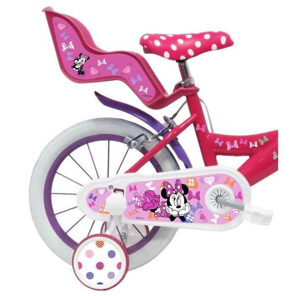 Flickbarncykel 14'' Minnie / Disney (barnstorlek 90 cm till 105 cm) Vit &amp; Rosa, utrustad med 2 bromsar, dockhållare, främre korg