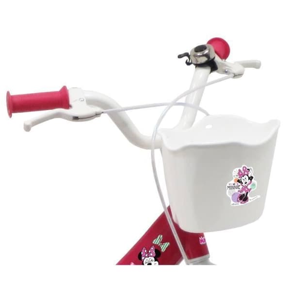 Flickbarncykel 14'' Minnie / Disney (barnstorlek 90 cm till 105 cm) Vit &amp; Rosa, utrustad med 2 bromsar, dockhållare, främre korg