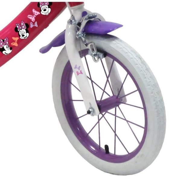 Flickbarncykel 14'' Minnie / Disney (barnstorlek 90 cm till 105 cm) Vit &amp; Rosa, utrustad med 2 bromsar, dockhållare, främre korg