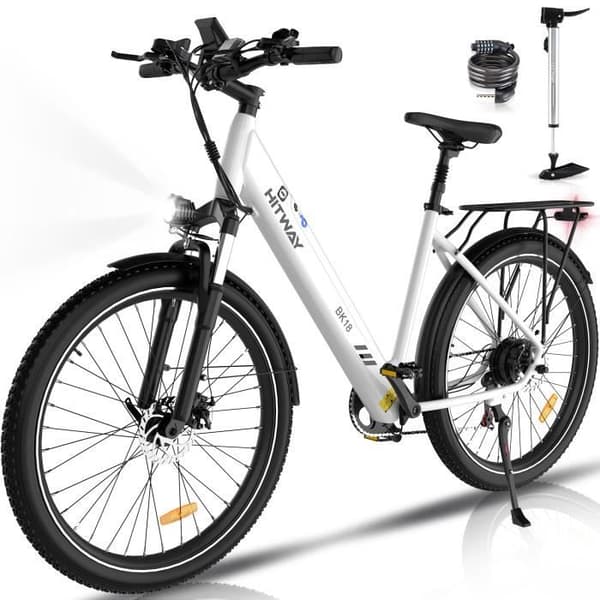 HITWAY Elcykel 28" Vit, Mountainbike, VAE E-Bike, 250W motor och avtagbart 36V 12Ah batteri, Shimano 7-växlad MTB