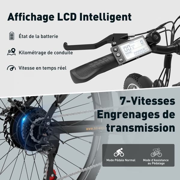 VAE elcykel - HITWAY - Svart - 28" - Avtagbart batteri 250W 36V 12Ah - Shimano 7 hastigheter - Elektrisk mountainbike