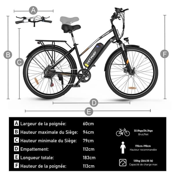 VAE elcykel - HITWAY - Svart - 28" - Avtagbart batteri 250W 36V 12Ah - Shimano 7 hastigheter - Elektrisk mountainbike