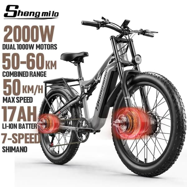 2*1000W elektrisk cykel voksen eBike med rammekabler 48V 17,5Ah aftageligt batteri 7-trins 26 tommer fedtdæk