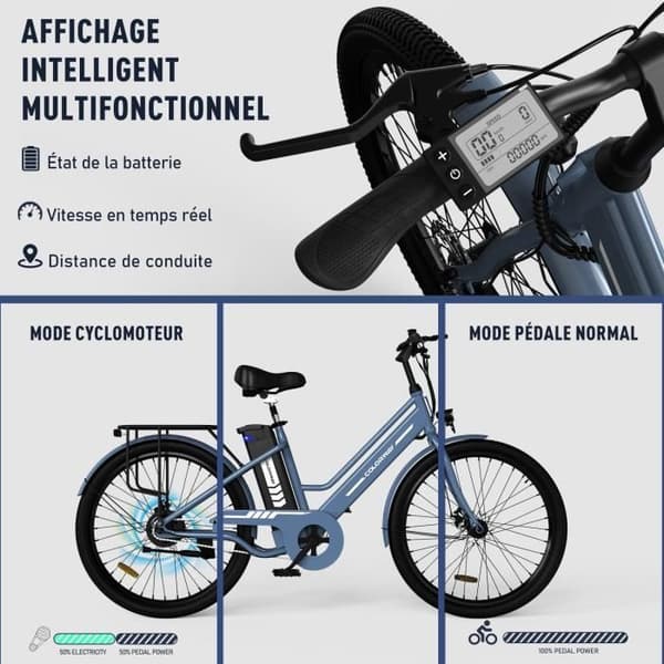 VAE COLORWAY 26" blå elcykel - 250W motor - löstagbart 36V 12Ah litiumbatteri - Assisterad trampning