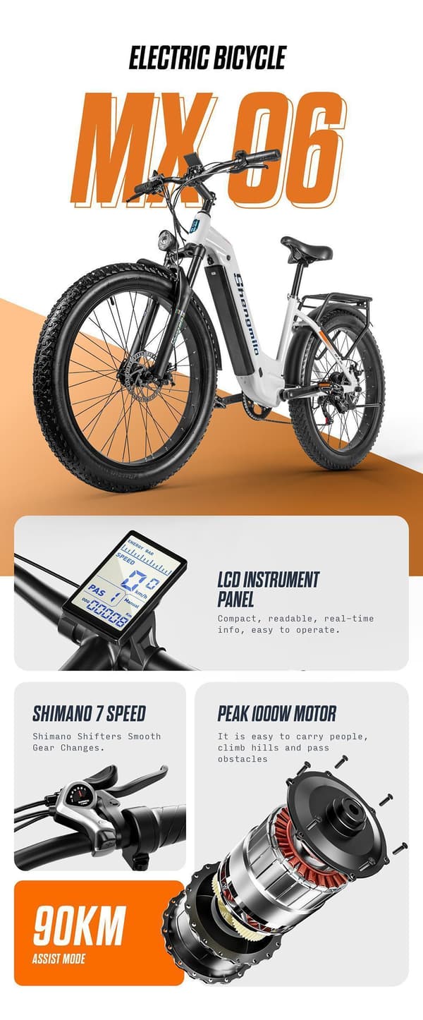 Elcykel SHENGMILO MX06 1000W  42KM/H 48V 17,5AH Samsung Batteri 26*3,0'' Fat Tire Electric Mountainbike