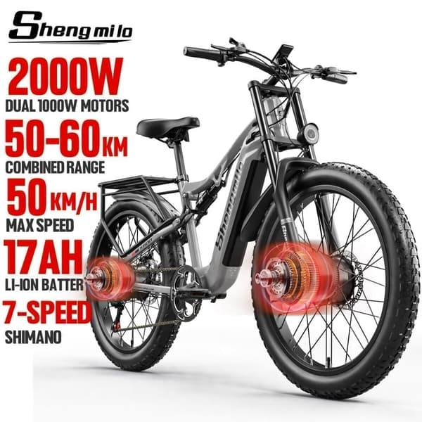 SHENGMILO-S600 elektrisk cykel, 48V 17,5Ah aftageligt batteri 26" fedt dæk elektrisk cykel, 2*000W motor 48 km / t tophastighed elektrisk cykel, ebike