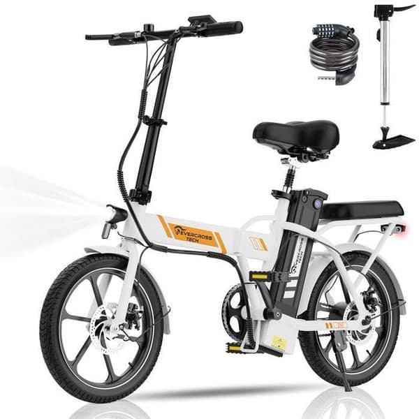 EVERCROSS TECH Elcykel Stora Däck 16" EK5 - Avtagbart batteri 36V Motor 250W Bromsar Dubbel Vuxen - Vit