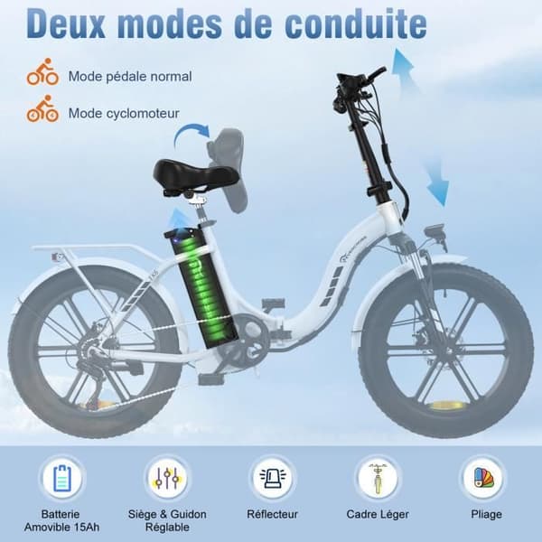 EVERCROSS 20" EK6 hopfällbar elcykel - Avtagbar 48V 15Ah batteri 250W Motor Justerbar höjd - Dubbla skivbromsar - Vit