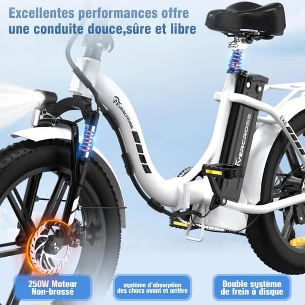 EVERCROSS 20" EK6 hopfällbar elcykel - Avtagbar 48V 15Ah batteri 250W Motor Justerbar höjd - Dubbla skivbromsar - Vit