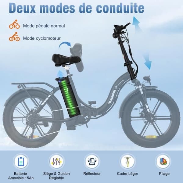 EVERCROSS 20" EK6 hopfällbar elcykel - Avtagbar 48V 15Ah batteri 250W Motor Justerbar höjd - Dubbla skivbromsar - Svart