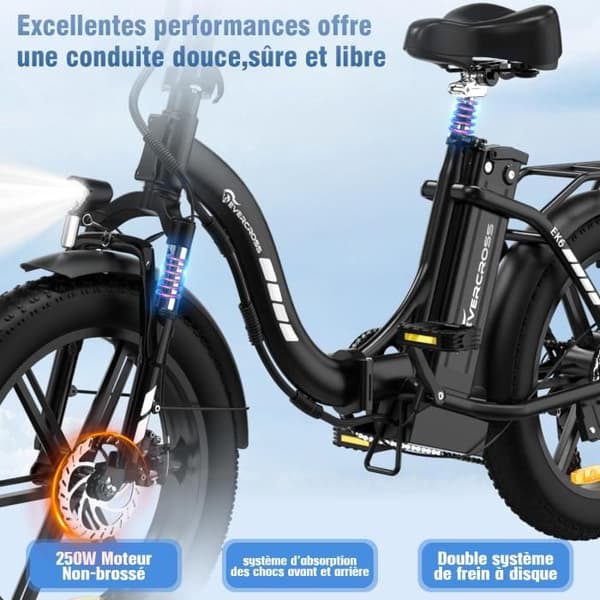 EVERCROSS 20" EK6 hopfällbar elcykel - Avtagbar 48V 15Ah batteri 250W Motor Justerbar höjd - Dubbla skivbromsar - Svart