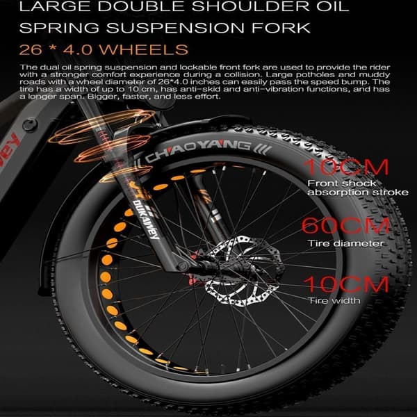Dukawey Silvertip8 1000W 26” Fat Bike E-Mountain Bike ，52V 20Ah Samsung batteri ，Fuldaffjedret elcykel。