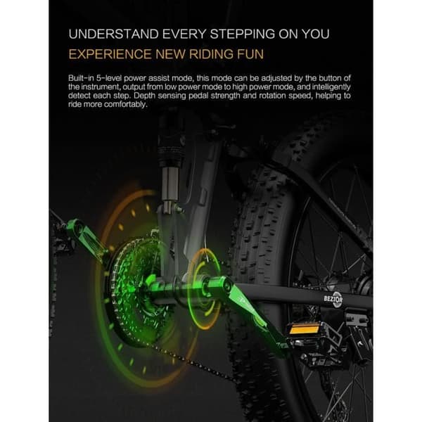 Bezior Electric Bike X PLUS 48V 17.5 Mountainbike hopfällbar elcykel för vuxna 26" Fat Electric Bike, Shimano 9-speed