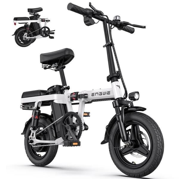 liten hopfällbar elektrisk stadscykel ENGWE T14 14 tum 25km/h 250W motor Räckvidd 42km med främre stötdämpare 48V10Ah Vit