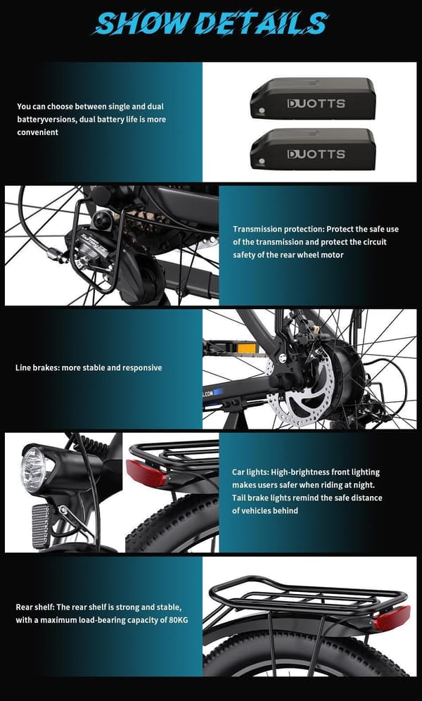 DUOTTS C29 aikuisten off-road sähköpyörä, 750W moottori, 15AH akku, 21 nopeutta, Bluetooth-yhteyssovellus, yksi- ja kaksiakkuvaihtoehtoja.