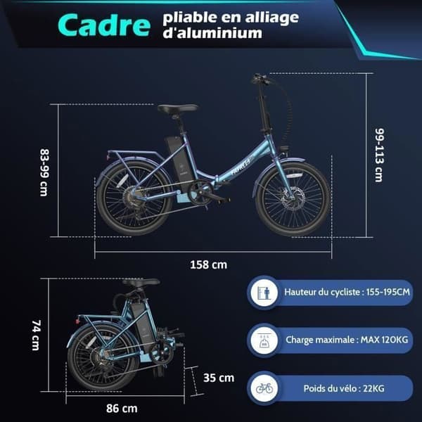 Fafrees F20 Varaktig elcykel, 250W motor, 18,2Ah batteri, 20"*1,95" däck, SHIMANO 7 Speed, Mist Blue.