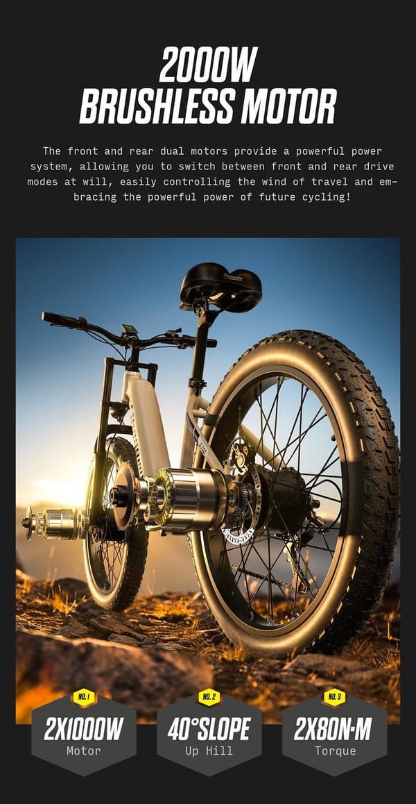 Voksen El-cykel  S700 2000W Dual Drive Fat Tire 17,5AH Batteri El-cykel 48KM/H Elektrisk Mountainbike