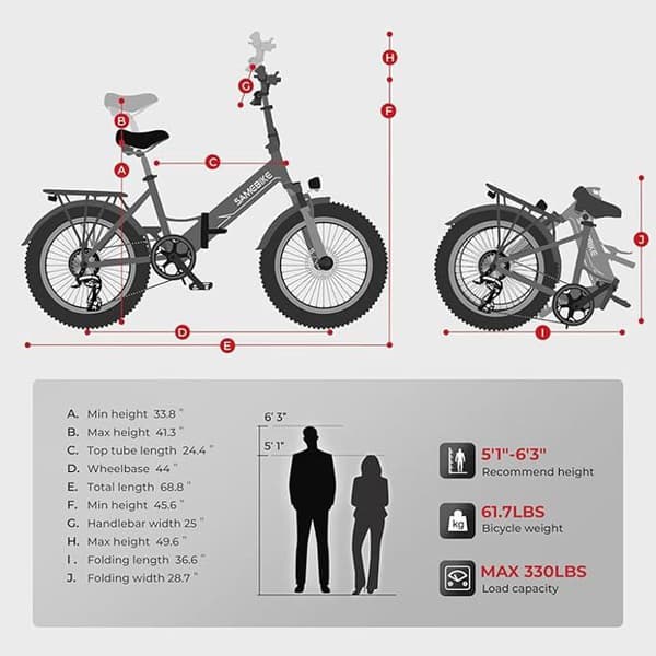SAMEBIKE 20 Inch E-Bike LOTDM200-II-FT-WH, 48V 13Ah avtagbart batteri, Max. upp till 120 km,