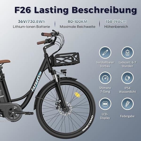 Fafrees F26 Hållbar elcykel 26 tum, 36V 20,3Ah, 250W 25km/h, City E-Bike Räckvidd 80-200 km, Last 120kg grå