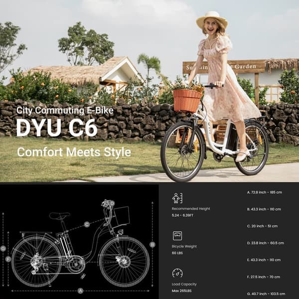 DYU C6 26'' elcykel i stegstil 250W motor 12,5AH batteri 25KM/H 26*2,215 däck 6 hastigheter