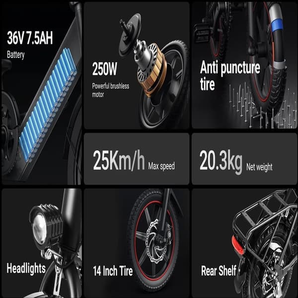 DYU C3 14'' folde elcykel med 250W motor og 7,5AH batteri, pedalstøttet rækkevidde op til 34KM.