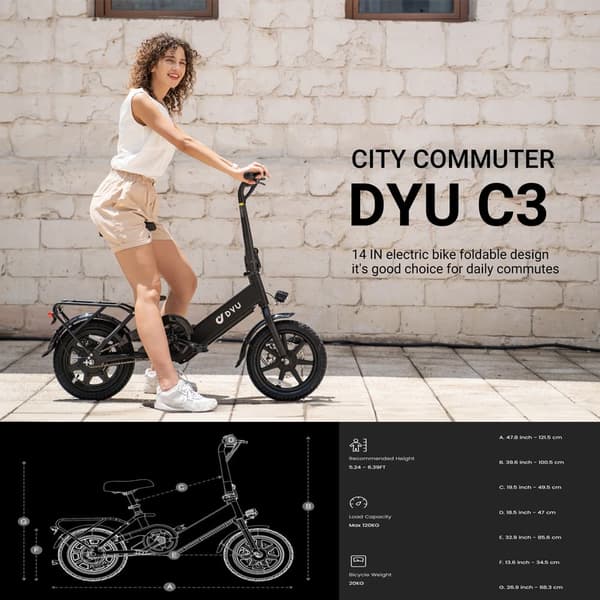 DYU C3 14'' folde elcykel med 250W motor og 7,5AH batteri, pedalstøttet rækkevidde op til 34KM.