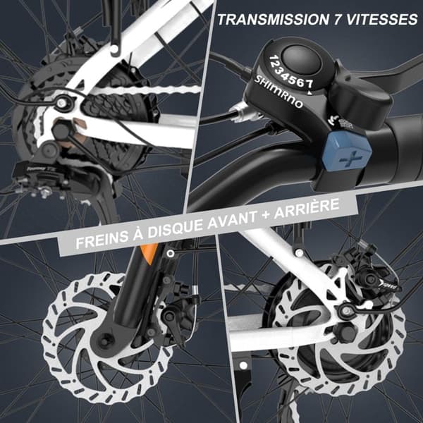 VAE elcykel - HITWAY - Vit - 28" - Avtagbart batteri 250W 36V 12Ah - Shimano 7 hastigheter - Elektrisk mountainbike