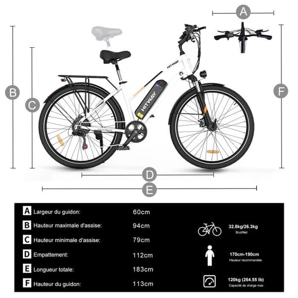 VAE elcykel - HITWAY - Vit - 28" - Avtagbart batteri 250W 36V 12Ah - Shimano 7 hastigheter - Elektrisk mountainbike