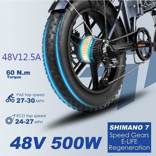 ENGWE EP-2 BOOST - Fällbar Elcykel 20" - Avtagbart batteri 48V 13Ah - Räckvidd 100km - Shimano 7 växlar - Fatbike, Grå