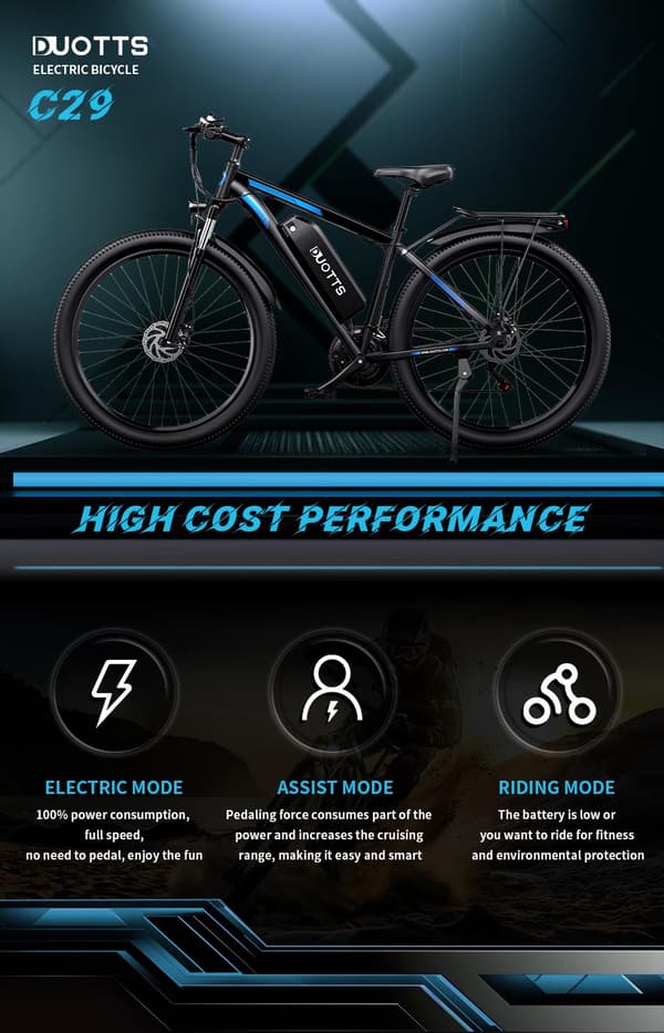 DUOTTS C29 750W sähköinen maastopyörä, 15AH akku, Shimano 21-nopeuksinen, sopii aikuisille, hydraulinen jarru