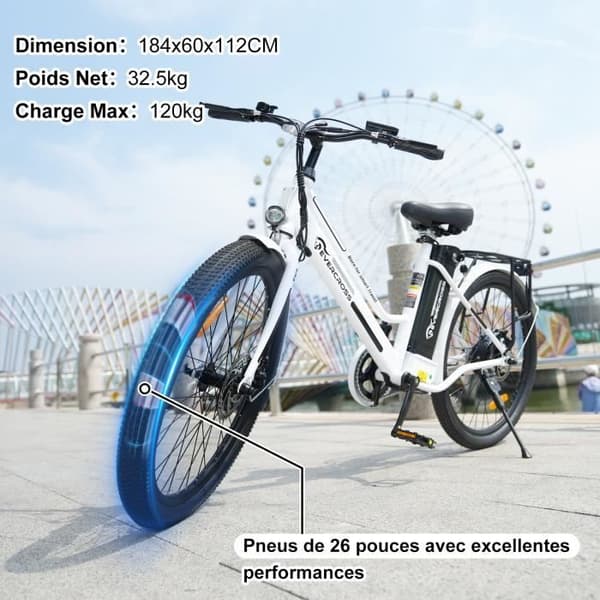 EVERCROSS EK8S Elcykel Lättviktsjärnram 26" - Avtagbart batteri 250W 3 körlägen LCD-skärm Höjdjusterbar - Vit