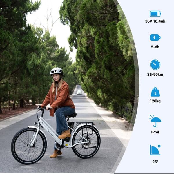 EVERCROSS EK8S Elcykel Lättviktsjärnram 26" - Avtagbart batteri 250W 3 körlägen LCD-skärm Höjdjusterbar - Vit