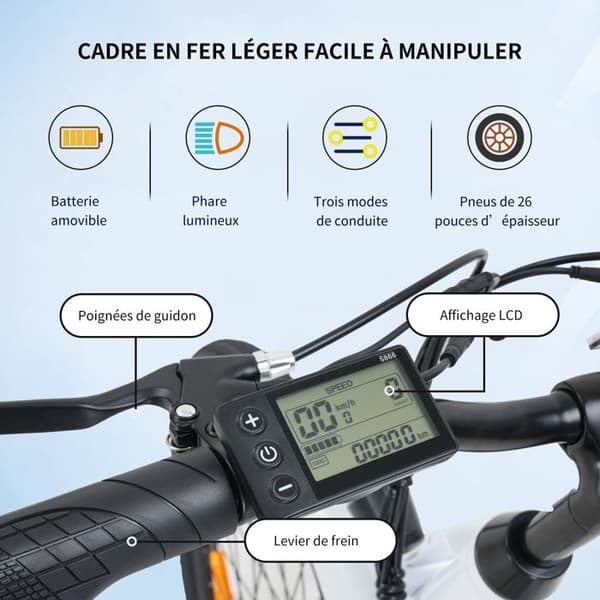 EVERCROSS EK8S Elcykel Lättviktsjärnram 26" - Avtagbart batteri 250W 3 körlägen LCD-skärm Höjdjusterbar - Vit