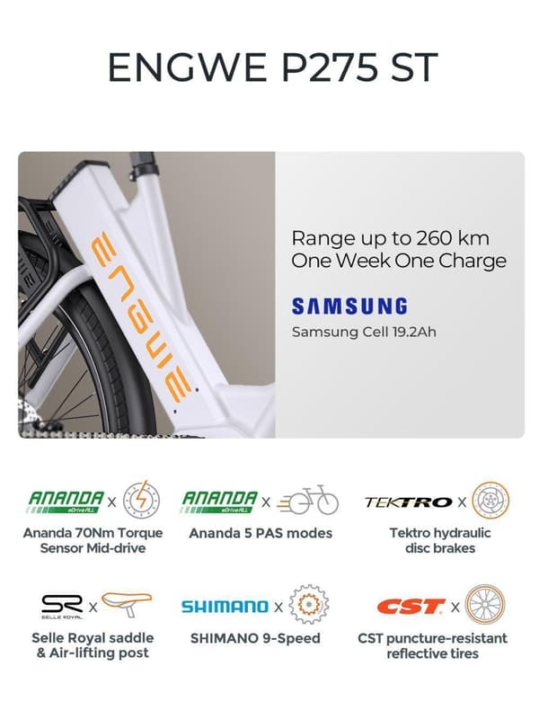 ENGWE P275 PRO/ST aikuisten sähköpyörä, jossa 250 W: n keskikäyttömoottori, 36V 19.2Ah akku, suurin kantama 260 km, 27.5 "x 2.4 renkaat, kaupunkipyörä