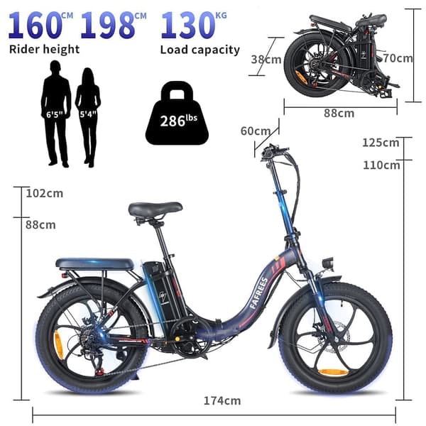 Fafrees F20  hopfällbar elcykel , 250W motor, 36V 16Ah batteri, 20" * 3,0" renkaat,topphastighet 25km/h, lastkapacitet 130kg