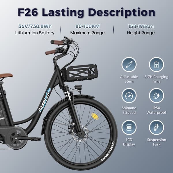 FAFREES F26 Loading Electric Bike, 250W motor, 36V 20,3Ah batteri, 26*1,95'' dæk, 25 km/t maks. hastighed, 200 km rækkevidde